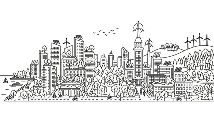 Obraz premium A cityscape illustration showcases a modern urban landscape with buildings, trees, and wind turbines on a hill, featuring a waterfront area with a sailboat.