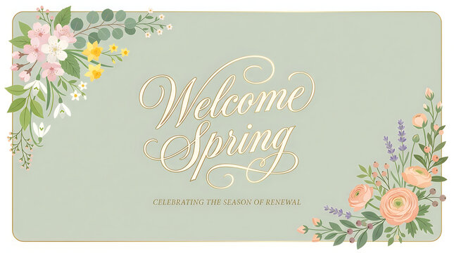 Welcome Spring floral calligraphy with delicate blossoms celebrating seasons of renewal