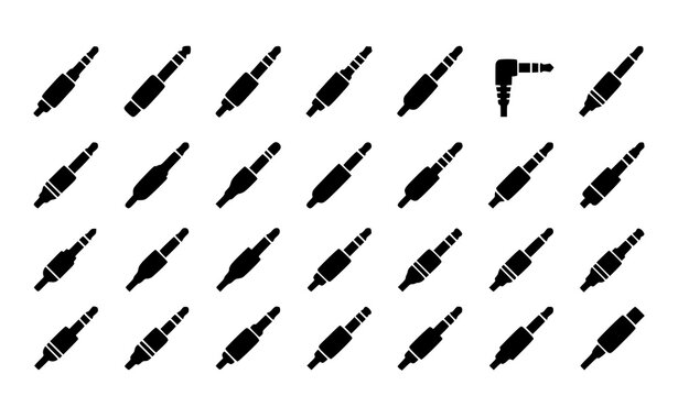 Black Audio Jack Plug Silhouette Icon Set with Headphone and AUX Connector Vector Collection