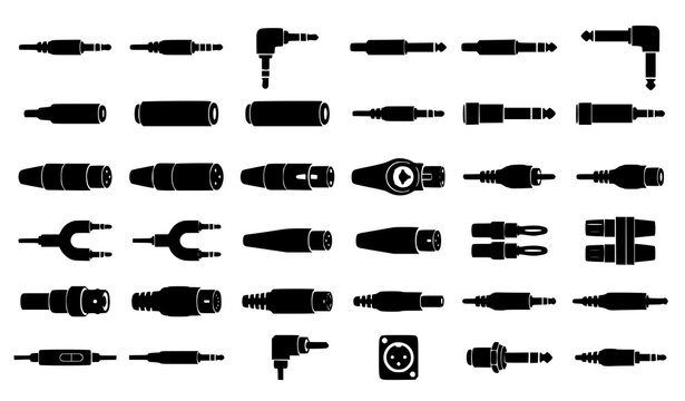 Professional Audio Jack Plug Black Silhouette Vector Collection with Sound Connectors