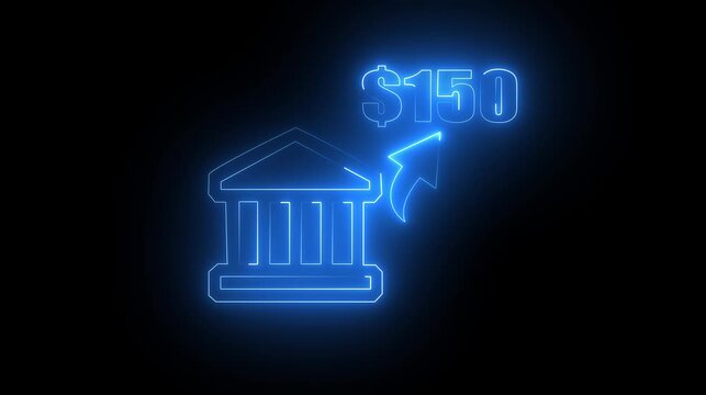 Abstract neon light bank house icon animation. Banking and Finance Concept Icon personal savings bank account money doodle concept with black background .150 dollar icon.
