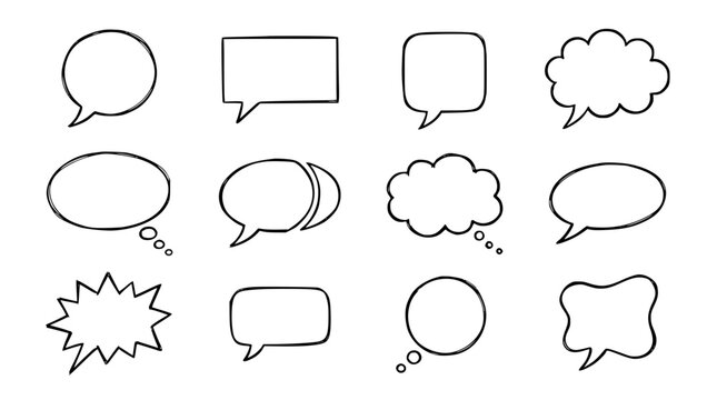 Minimalist hand drawn comic speech bubble icon set featuring thought clouds, communication talk balloons, and sketch chat boxes for interface design