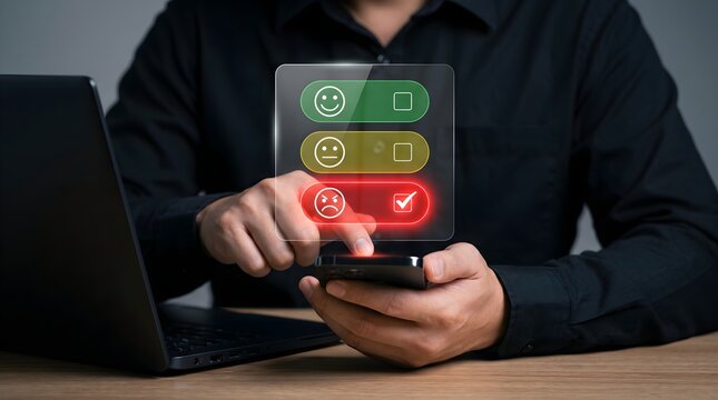 Person Giving Bad Feedback on Smartphone with Digital Rating Interface. Low Satisfaction and Negative Experience for Customer Service Complaint
