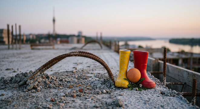 Future family home concept with children's rain boots and polyurethane ball at construction site