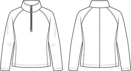 Professional technical fashion sketch of a womens zip-up fleece jacket with front and back views © MdBabul