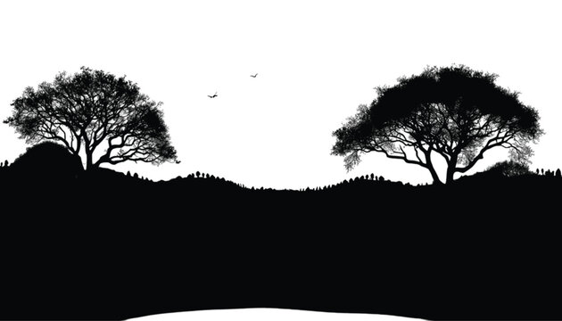 Trees standing as black silhouettes on rolling hills create a peaceful landscape with a bright white sky background that provides significant copy space for various graphic design layout requirements.