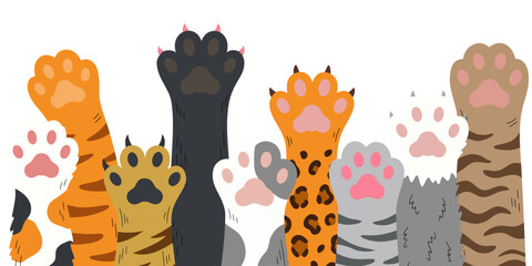 Hand drawn cat paws illustration, variety of colorful domestic and wild feline paws with claws up, isolated on white background, animal feet concept © Алла Машичева