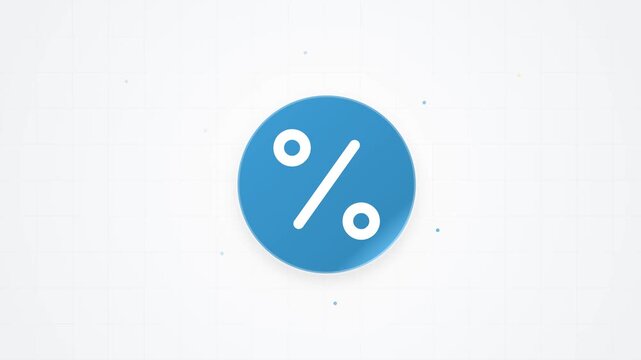 Blue circular icon featuring a white percentage sign centered on a clean white technical grid background with subtle particles, representing finance, discount, or tax rates.