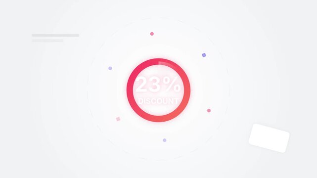 Minimalist 23 percent discount promotion graphic on white background with glowing red circular progress bar, floating geometric shapes, and abstract financial interface elements.