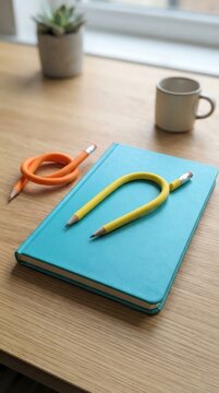 Flexible bendable pencils on a notebook on a desk