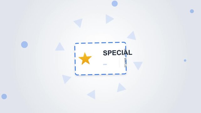 Animated Special Offer Discount Coupon with Yellow Star and Blue Dashed Border on Light Background with Floating Geometric Shapes for Marketing and E-commerce Sales Promotions.