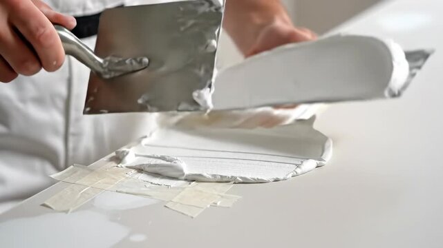 Hands applying white plaster with a trowel. Worker smoothing putty on a surface. Construction and finishing work detail