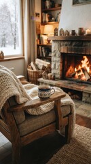 Obraz premium Cozy rustic armchair with wool blanket and mug by a fireplace in winter