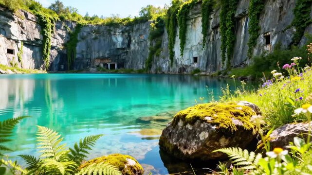 Tranquil turquoise lake framed by mossy boulders and ferns in the foreground, sheer cliff with hanging vines and pine forest in the background serene nature retreat atmosphere