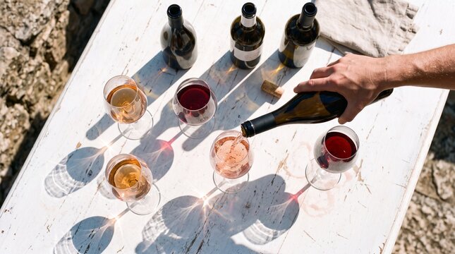 Outdoor Wine Tasting Experience: A hand pours wine into a glass from a bottle, surrounded by several other wine glasses filled with white and red wine, as well as a few wine bottles.