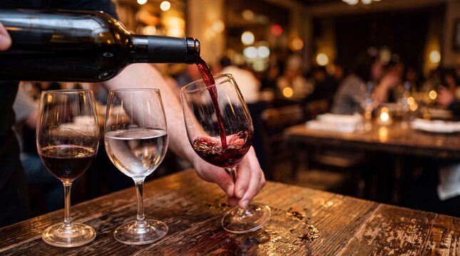 Pouring Red Wine in Restaurant: A hand pours rich red wine into a crystal glass at a dimly lit table in a restaurant, with other glasses and blurred patrons in the background.