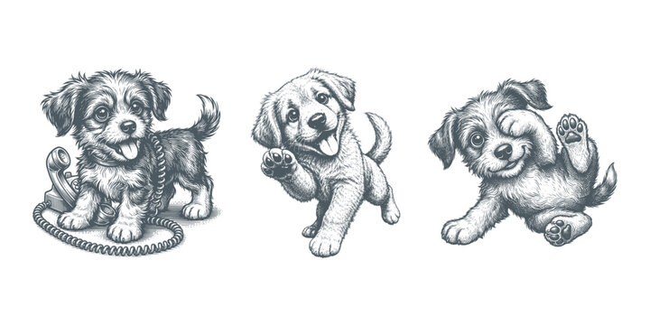 Set of three cute puppies in different poses vintage t shirt graphic with collection vintage t-shirt graphic