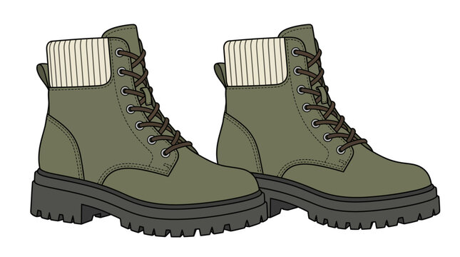 Olive green Combat Boots Flat Illustration On White Background
