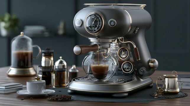 Vintage stovetop espresso maker brewing coffee on a dark surface