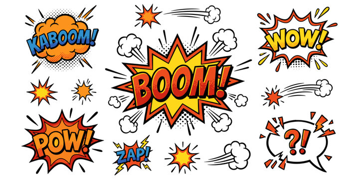 Comic book speech bubbles set. Comic book sound effects set, cartoon expression with kaboom boom pow zap and wow. Explosion bubbles with halftone and stars, smoke effect on white background.