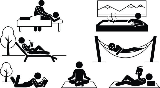 Relaxation and spa wellness activity pictogram icon set showing massage meditation hot tub hammock and reading vector illustration.