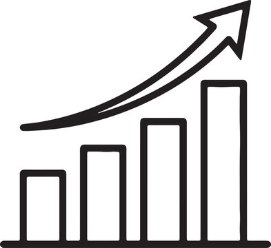Black upward trending arrow on white bar chart background