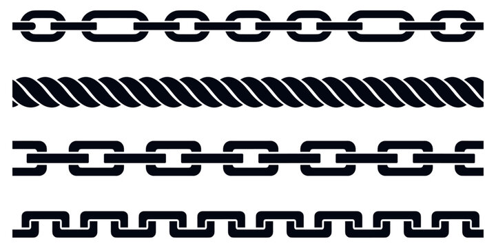Black borders including chains and rope designs. Black graphic borders featuring chain links, a twisted rope, and geometric patterns. Suitable for decorative purposes and design elements.