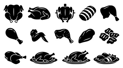 Raw and roasted chicken meat cuts vector silhouette icon set featuring poultry parts wing drumstick breast and whole turkey shapes © MdSabbir