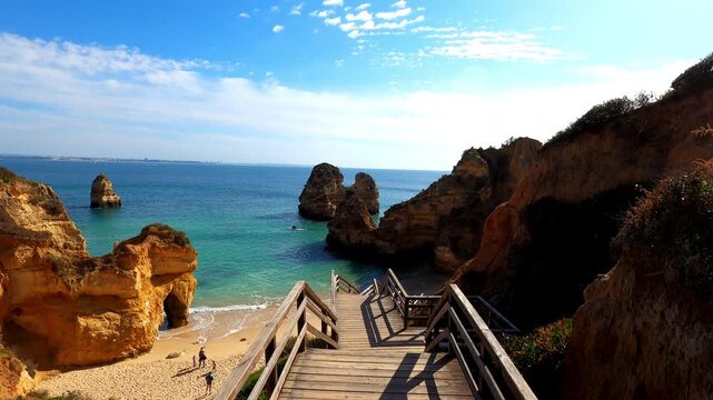 Idyllic coastal landscape with rocky cliffs and crashing Atlantic waves creates dramatic seaside scenery at Camillo Beach in Lagos, Portugal