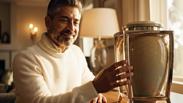 Mature man touching a decorative ceramic urn in a sunlit home. Reflective person looking at a memorial vase and smiling at the camera. Remembrance and legacy concept