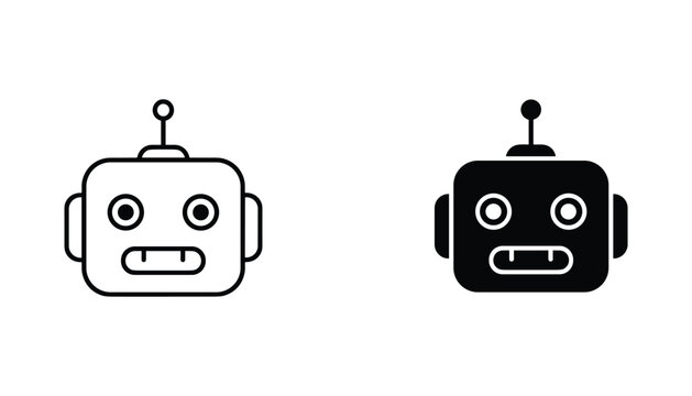 Robot head vector icon isolated on white Black and white outline line art and solid glyph silhouette