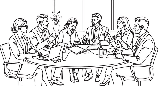 Business meeting around a conference table with documents and plants