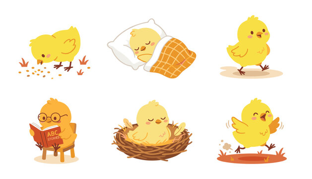 Cute cartoon little yellow chick characters set eating sleeping walking reading book and sitting in nest vector illustration