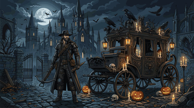 Rugged vampire hunter armed with a crossbow stands beside a gothic carriage in front of a dark cathedral under a crescent moon.