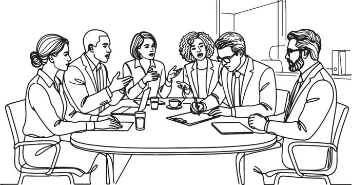 Business meeting, colleagues discussing documents, office interior