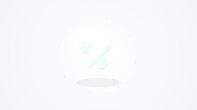 Minimalist 3D light blue percentage sign icon centered on a white background with subtle shadow and floating particles, representative of financial discounts, interest rates, or sales data.