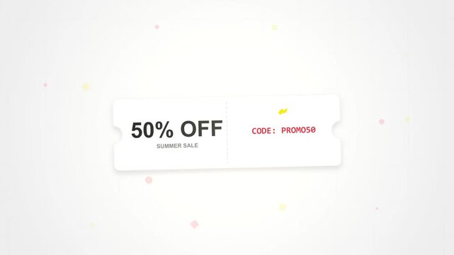 50% Off Summer Sale Discount Coupon with Promo Code PROMO50 on White Background with Confetti, Digital Voucher Graphic for E-commerce Marketing and Online Shopping Promotions