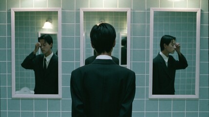 Fototapeta premium Young man in suit looks into mirrors in early morning bathroom