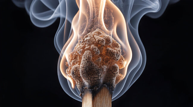 Burning match head with smoke, macro view of flame and charred wood, isolated on black background