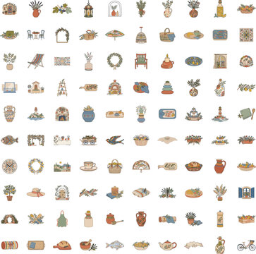 Hand Drawn Mediterranean Living Elements Collection with Coastal Home Decor, Botanical, Kitchen and Rustic Objects Vector Set