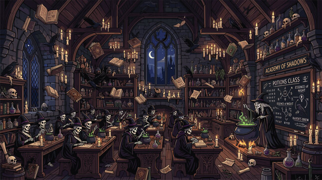 Head witch instructs a class of studious skeletons in the art of potion making within a sprawling, ancient academy under a crescent moon.