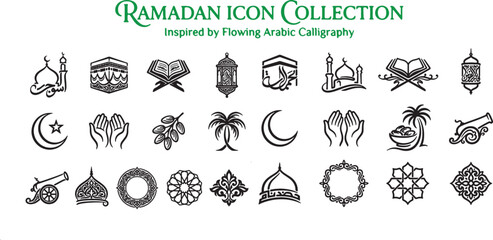 Beautiful mosque with detailed design, capturing spiritual and cultural ambiance in warm light vector icon set. © TaNviR Ahmed