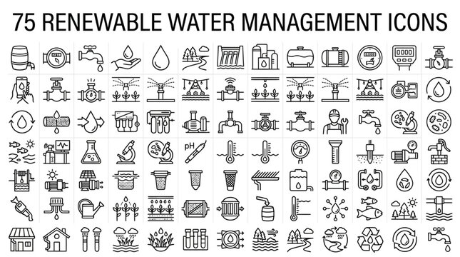75 Renewable Water Management Icons Set: Sustainable Water Resource and Purification Systems