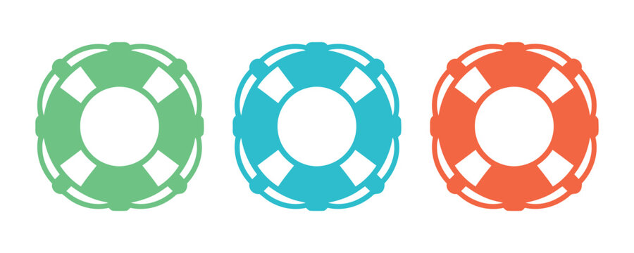Life buoys icons in green blue and red for water safety and rescue equipment design on transparent background