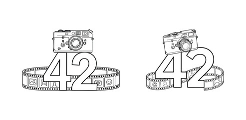 Fototapeta premium Vintage camera and filmstrip with number 42 line art illustration