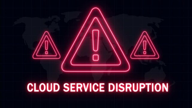 Cloud service disruption warning alert with glowing red neon exclamation mark triangles and global network map background, for cybersecurity, data, breach, server failure, and digital infrastructure