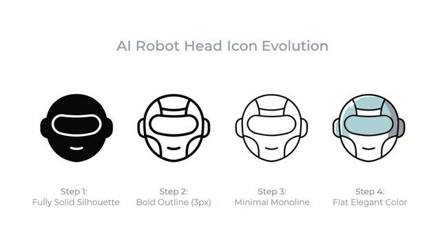 AI robot head icons, evolution steps, futuristic design elements, vector illustrations