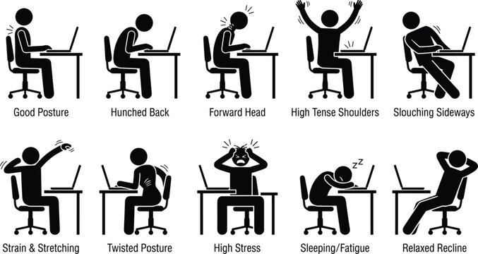 Stick figure ergonomic posture icons set showing good and bad office sitting habits slouching stress stretching laptop work positions