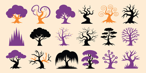 Obraz premium Collection of stylized tree silhouettes and in purple, orange, and black colors, featuring various shapes including deciduous, coniferous, bare, and abstract whimsical tree