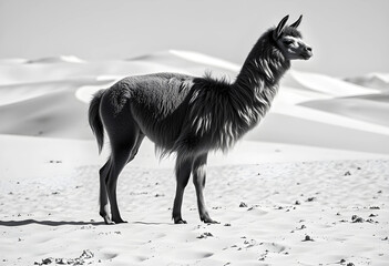 Fototapeta premium Serene llama standing in sandy dunes in monochrome